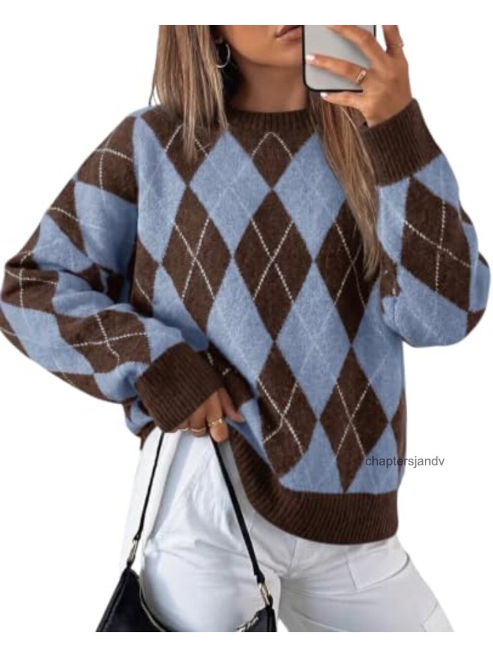 Oversized Argyle Plaid Knit Pullover Sweater Long Sleeve Casual Fall